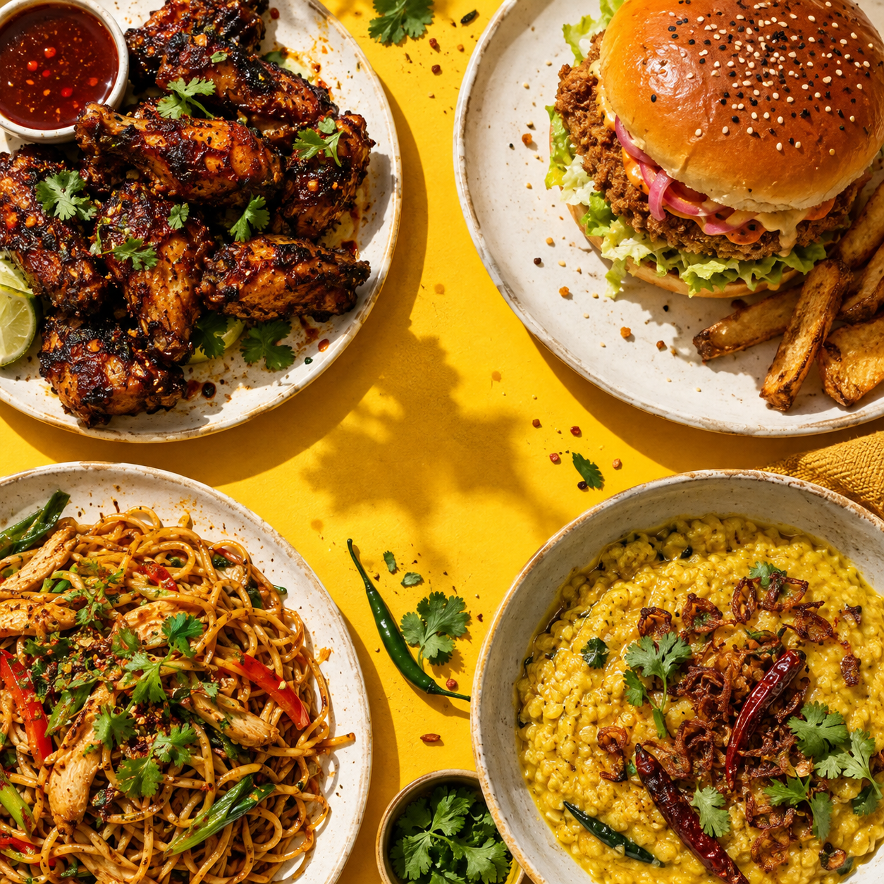 SpiceL smoky wings, burger, noodles and khichuri on pearl plates
